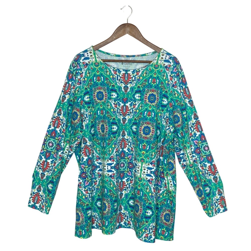 Coolibar Womens Daybreak Swing Top 2X Green Geometric UPF 50+ Sun Protection